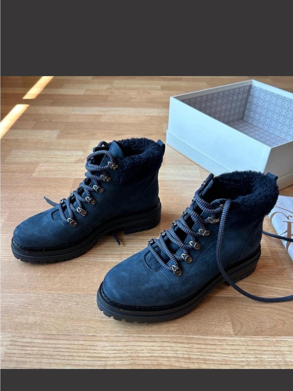 Women's Navy Shearling-Lined Leather Boots
